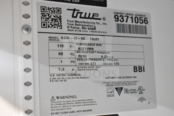 2018 True GDM-72-HC Commercial 3 Door Cooler label showing model, voltage, and energy specifications.