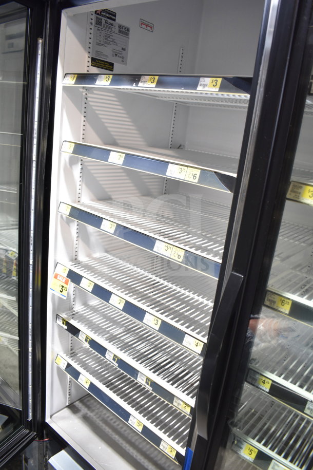 2018 True GDM-72-HC Commercial Cooler, 3-door, 115V, tested working, adjustable shelving, price tags visible.