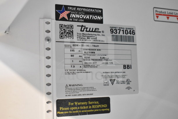 2018 True GDM-72-HC Commercial 3 Door Cooler, 115V, 1 Phase, tested working, label with serial no. 9371046.