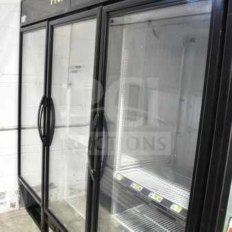 2018 True GDM-72F-HC 3-door reach-in freezer merchandiser, black frame, glass doors, for commercial use, excellent condition.