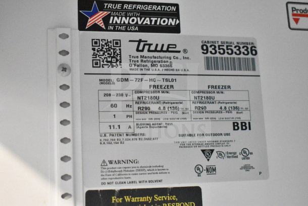 2018 True GDM-72F-HC 3-Door Freezer Merchandiser, tested and working, 115/208-230V, 1 Phase, label with specs shown.