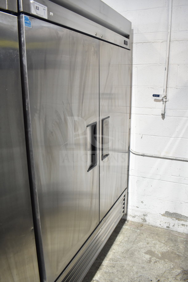 2020 True T-49-HC commercial 2-door reach-in cooler on casters, stainless steel finish, 115V, 1 phase.