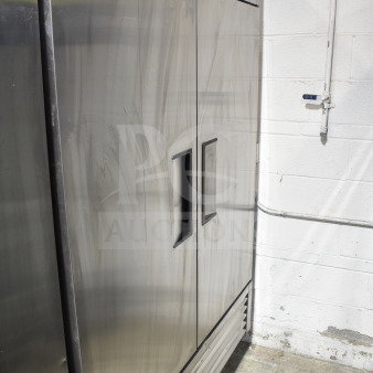 2020 True T-49-HC commercial 2-door reach-in cooler on casters, stainless steel finish, 115V, 1 phase.