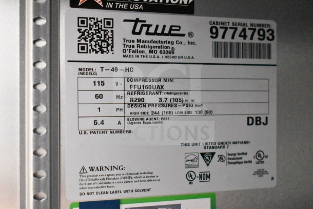 Label on a 2020 True T-49-HC commercial cooler, 115V, 1 phase, R290 refrigerant, NSF/ANSI Standard 7 certified.