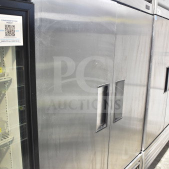 2020 True T-49F-HC 2 Door Reach-In Freezer, stainless steel, on casters, 115V, 1 phase, commercial grade, visible minor wear.