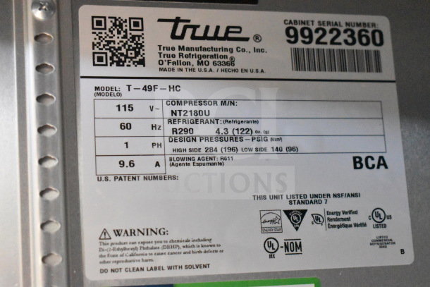 2020 True T-49F-HC commercial freezer label. Features: 115V, 1 phase, R290 refrigerant, NSF/ANSI Standard 7 certified.