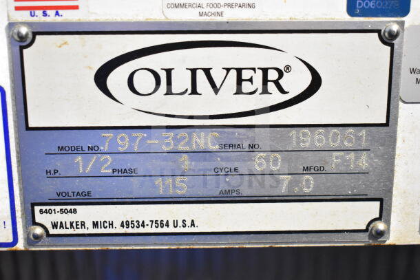 Oliver 797-32NC Commercial Bread Slicer, 115 Volts, 1 Phase, with Pro Guard Artisan Safety Chute. Visible data plate.