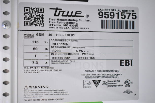 2019 True GDM-49-HC 2 Door Commercial Cooler label, model details: 115 V, 1 phase, R290 refrigerant, serial 9591575.