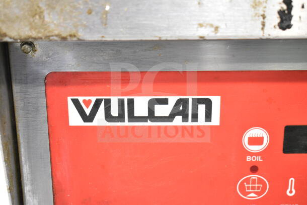 Vulcan 1ERD50 commercial electric deep fryer, 480V, 3-phase, red control panel. Visible Vulcan logo, boil indicator, good condition.