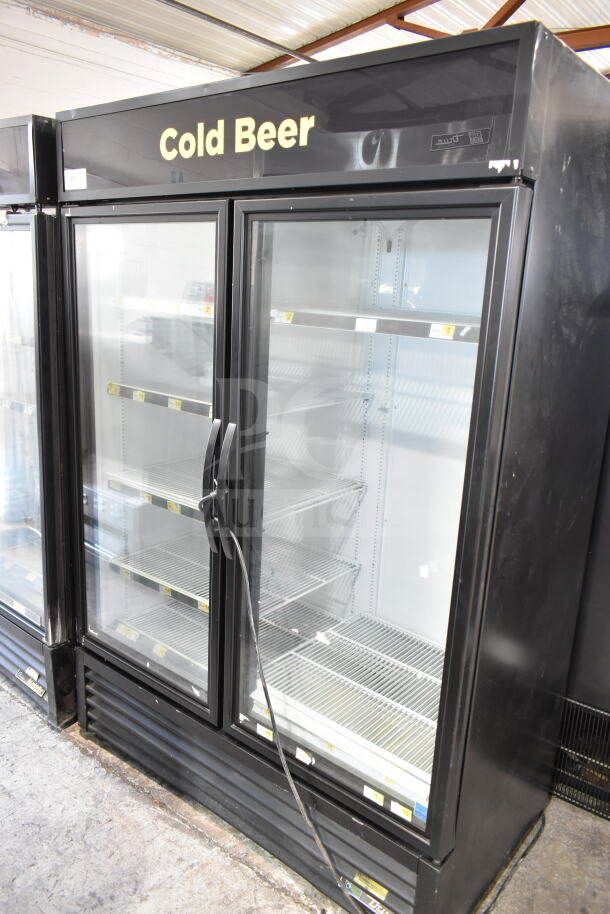 2019 True GDM-49-HC two-door cooler merchandiser, 115 volts, 1 phase, glass doors, shelf labels.
