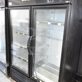 2019 True GDM-49-HC two-door cooler merchandiser, 115 volts, 1 phase, glass doors, shelf labels.