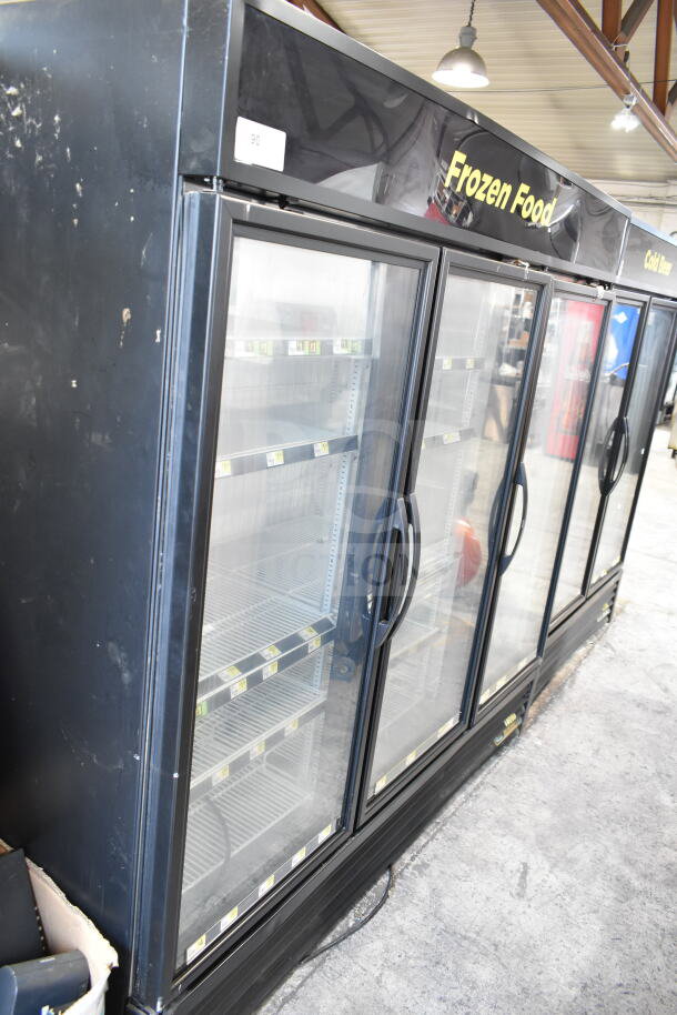 2016 True GDM-72F-HC 3 Door Reach-In Freezer Merchandiser, glass doors, black exterior, visible wear.