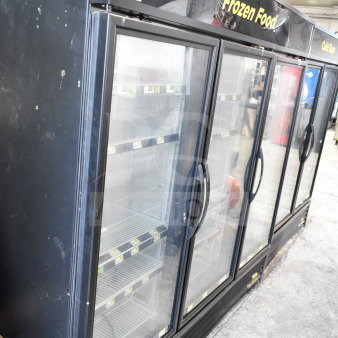 2016 True GDM-72F-HC 3 Door Reach-In Freezer Merchandiser, glass doors, black exterior, visible wear.