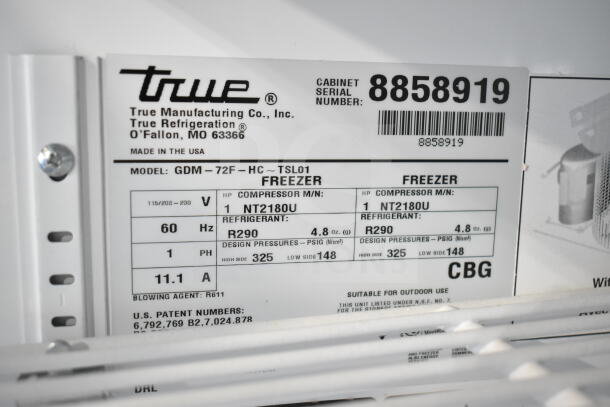 Label on 2016 True GDM-72F-HC Freezer, showing model, serial number 8858919, voltage, and refrigerant details.
