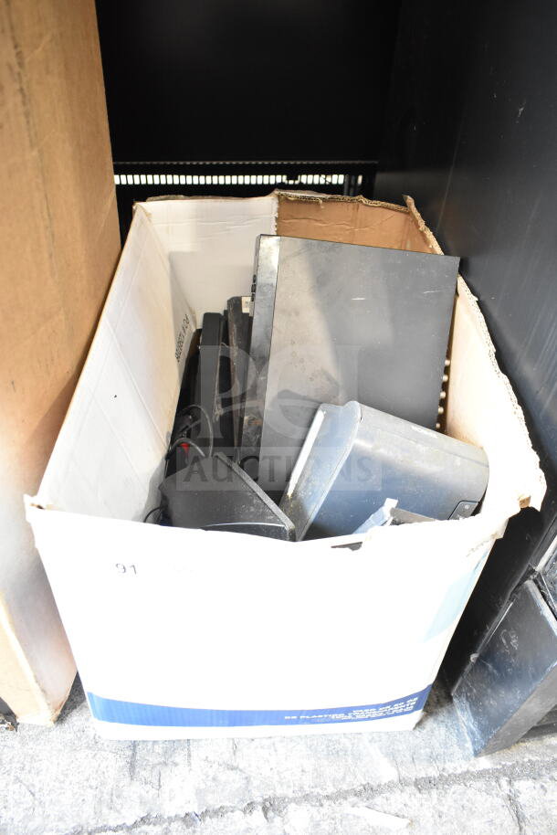 Box containing 15 mixed electronics, including Night Owl DVR, Lorex HD Recorder, Zmodo, Speco DVR, and AudioSource AMP100.