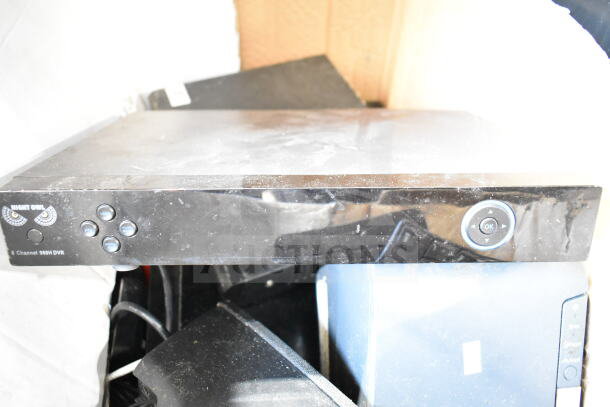 Night Owl 8 Channel 960H DVR visible in a lot, slightly dusty, stacked with other electronics including a printer.