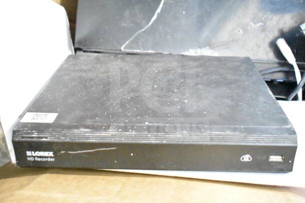 Lorex HD Recorder, black, slight surface wear, visible logo and USB port, part of a 15-item auction lot.