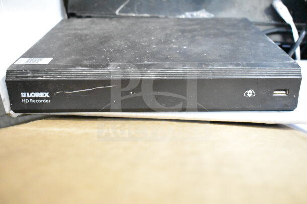 Lorex HD Recorder, black, showing slight wear with a USB port. Part of a 15-item auction lot.