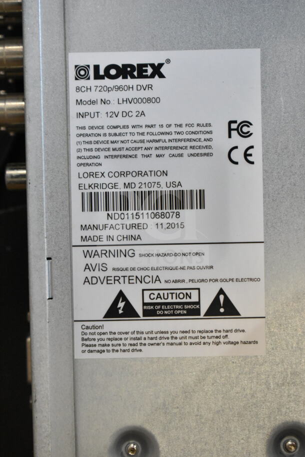 Lorex 8CH 720p/960H DVR, Model LHV000800, 12V DC 2A input, manufactured 11/2015, with safety and compliance labels.