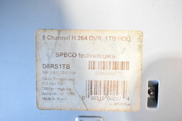 Speco Technologies 8 Channel H.264 DVR label showing model D8RS1TB, 1TB HDD, and barcode. Made in Korea.