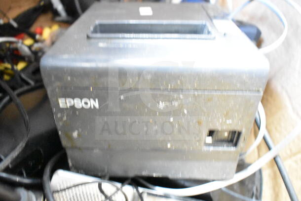 Epson receipt printer, slightly worn, part of a 15-item bundle including DVRs, amplifiers, and more tech gear.