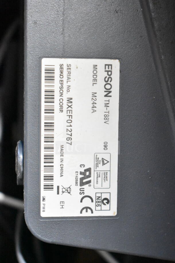 Epson TM-T88V printer label, model M244A, serial MXEF012767, indicates manufacturer Seiko Epson Corp, made in China.