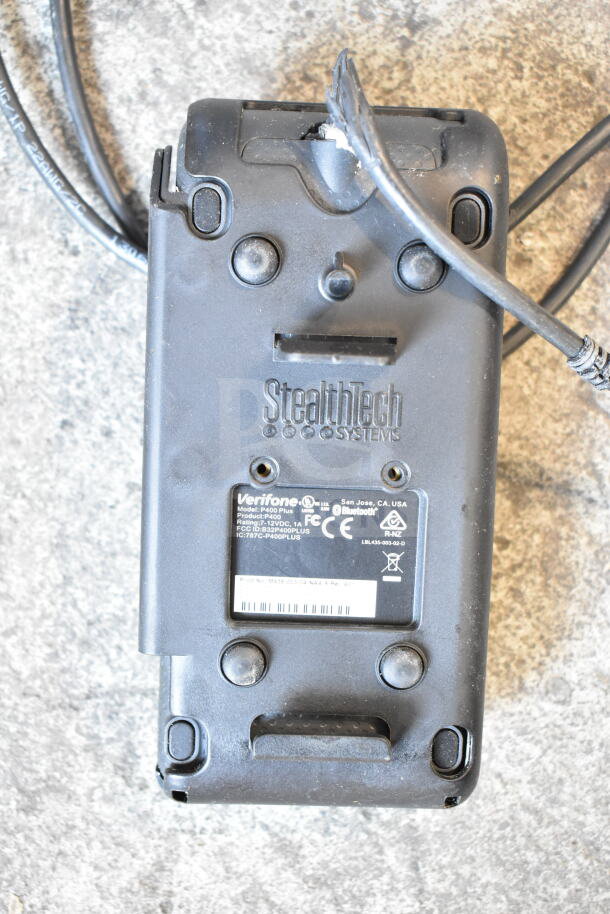 Verifone P400 Plus credit card reader, StealthTech case, showing model and power details, used condition.