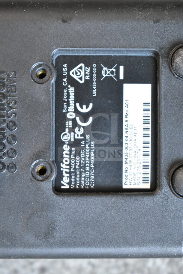 Verifone P400 Plus credit card reader, black, model information and compliance labels visible, used condition.