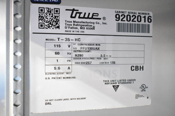 Label on a 2017 True T-35-HC Commercial 2 Door Reach In Cooler. Displays model, voltage, and refrigerant details.
