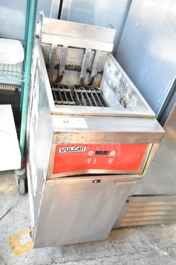 Vulcan 1ERD50 commercial electric deep fat fryer on casters, showing control panel and interior grate. 480V, 3 phase.