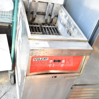 Vulcan 1ERD50 commercial electric deep fat fryer on casters, showing control panel and interior grate. 480V, 3 phase.