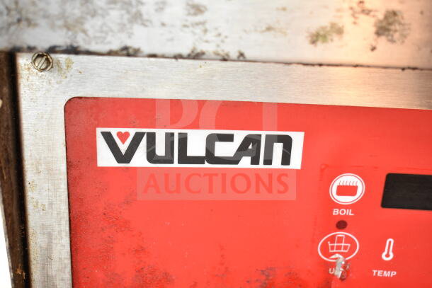 Vulcan 1ERD50 commercial electric deep fryer on casters, red panel detailing, 480V, 3-phase, with visible control icons.