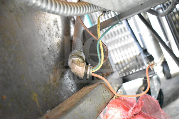 Vulcan 1ERD50 commercial floor electric fryer showing wiring and connectors. 480 volts, 3 phase, on commercial casters.