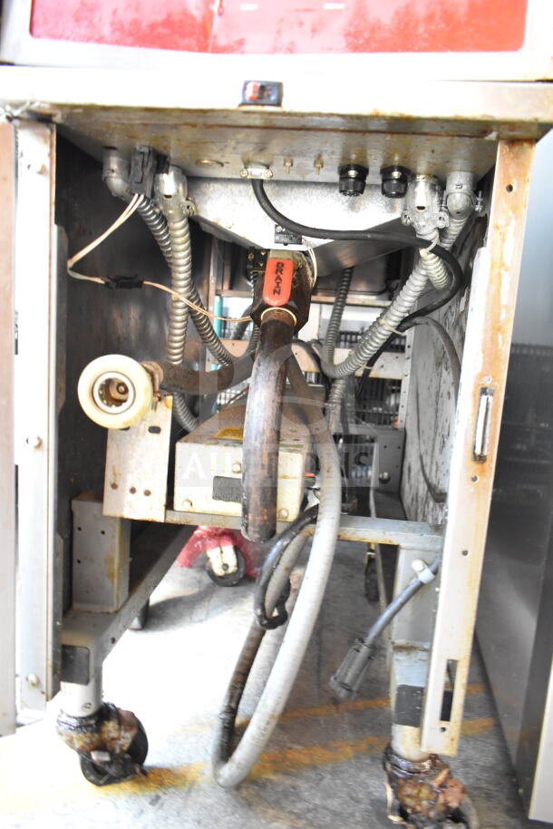 Vulcan 1ERD50 electric deep fat fryer, visible underside with wiring and casters, industrial condition, 480V, 3-phase.