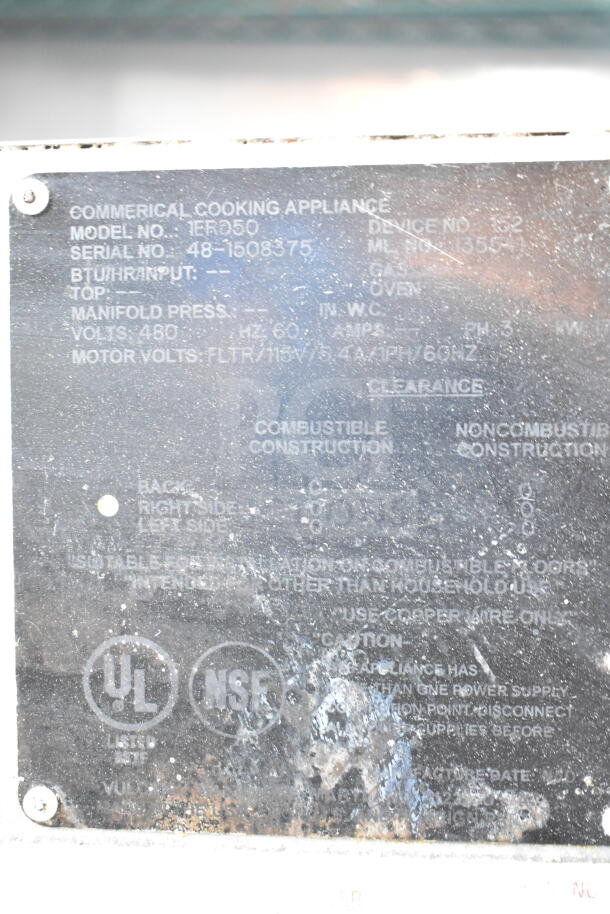 Label of Vulcan 1ERD50 Electric Fryer shows 480 Volts, 3 Phase. UL and NSF certified. Serial No: 48-1508375.