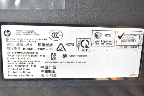 Label on HP LaserJet Pro MFO M127fn printer shows model BOISB-1102-00 with regulatory information and approvals.