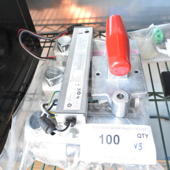 3 items: General Electric LED Driver, vegetable cutter pusher, Aviva 30 oz. satin silver 3-chamber shower dispenser.