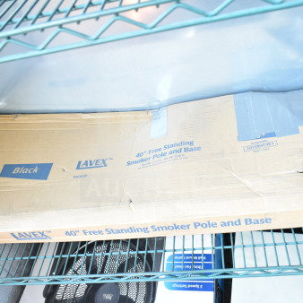 Box containing Lavex 475SP40BK 40" Free Standing Smoker Pole and Base, marked as new with scratches and dents.