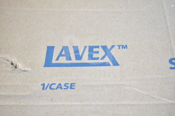 Alt text: Cardboard box with Lavex logo; product is a Lavex 475SP40BK 40" Smoker Pole and Base in new condition with slight damage.