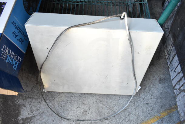 Clover cash drawer with power cord, metal construction, minor wear, no visible labels. Suitable for retail use.