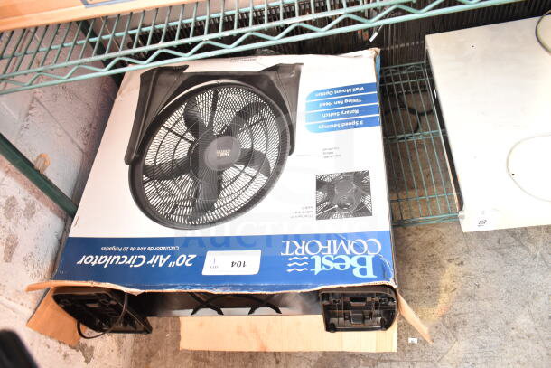 "Best Comfort Fan in original packaging, featuring 20-inch air circulator, 3 speed settings, tilting head, wall mount option."