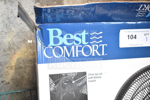 Box of Best Comfort Fan, featuring three fan speeds with a rotary switch; box is slightly damaged.