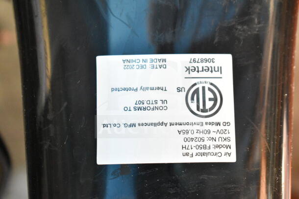 Alt text: Intertek air circulator fan label, model FB50-17H, 120V, thermal protection, made in China, dated Dec 2022.