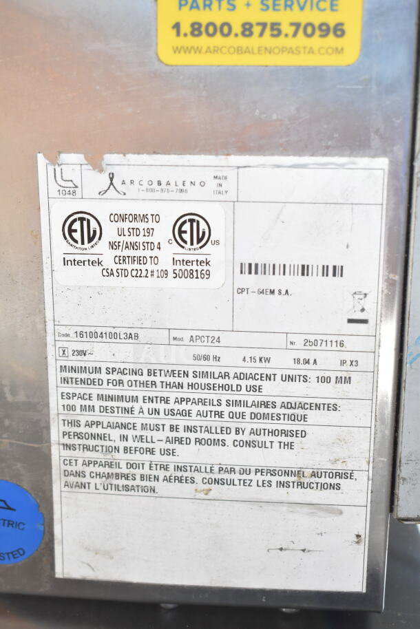 Arcobaleno APCT24 Elena 4.5 Gallon Electric Pasta Cooker, 230V, 1 Phase. ETL certified. Visible label with specs.
