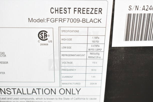 Frigidaire FGFRF7009-BLACK chest freezer label showing specs: 115V, 1 Phase, R600a refrigerant, manufactured 2024.