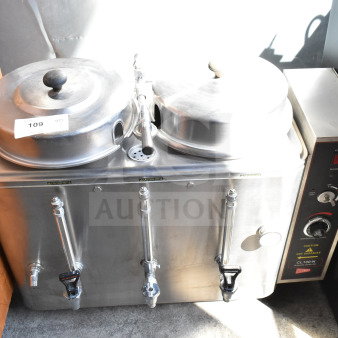 Cecilware CL100-N twin 3-gallon automatic coffee urn, stainless steel, dual spouts, model label visible, good condition.