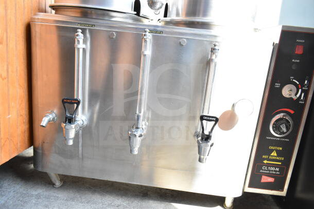Cecilware CL100-N Twin 3 Gallon Automatic Coffee Urn, stainless steel, dual spigots, good condition, "Caution Hot" label.