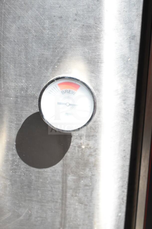 Cecilware CL100-N coffee urn gauge, indicating brew status. Stainless steel, lightly worn surface.