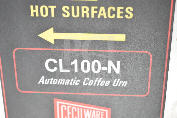 Cecilware CL100-N Automatic Coffee Urn label, indicating model information and "Hot Surfaces" warning.