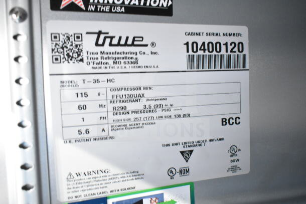 2022 True T-35-HC 2 Door Cooler, 115V, 1 Phase, serial number 10400120, detailed label showing specifications.